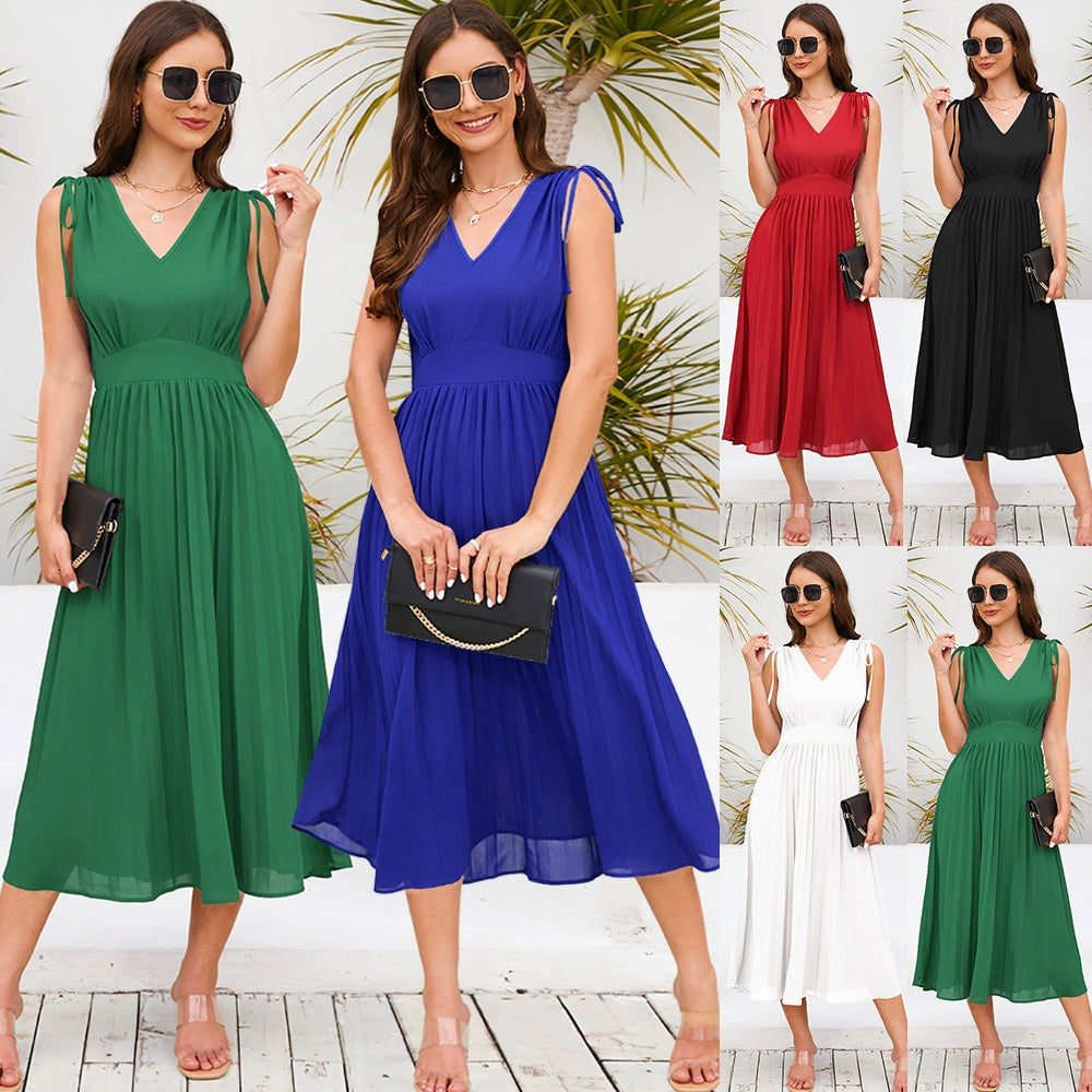 Women's New Sleeveless Slim Pleated Skirt Sexy V-Neck Dress