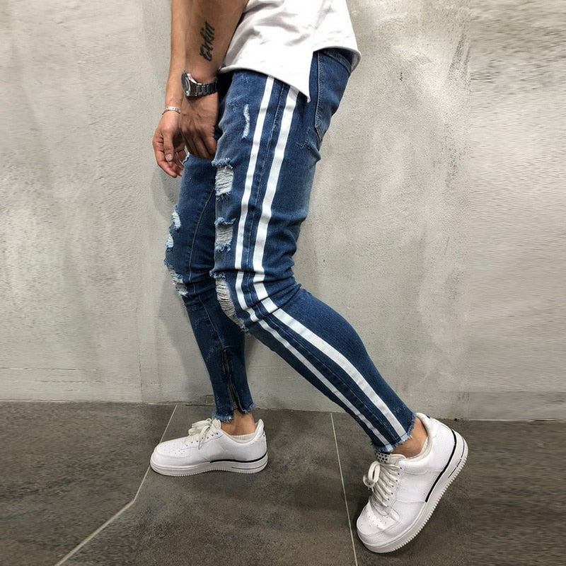 Ripped Side Striped Jeans Fashion Streetwear Herren Skinny Stretch Jeans Hose Slim Casual Denim Jeans Jeans Hombre