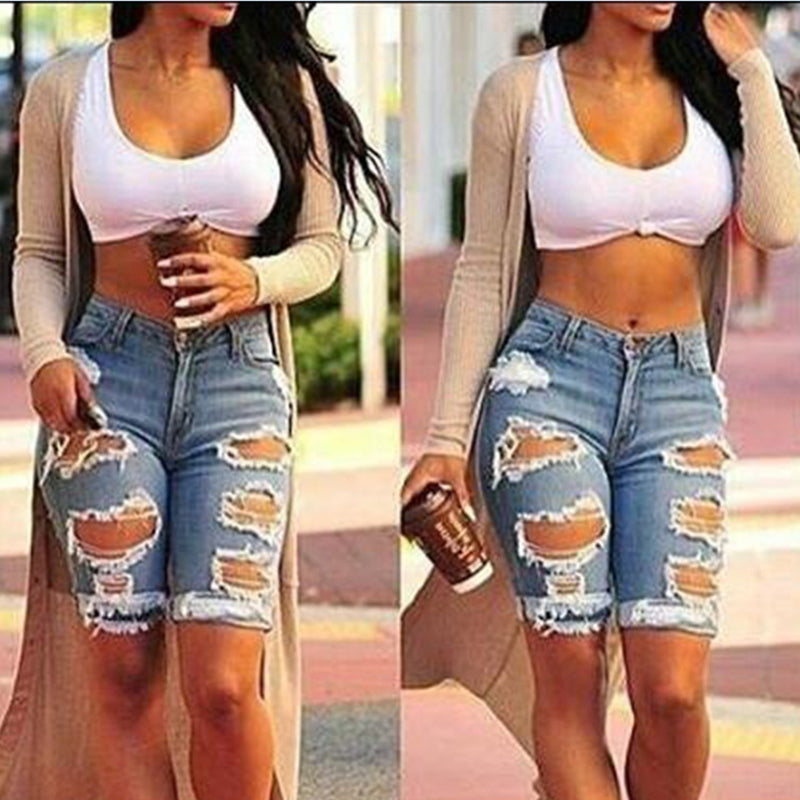 Damen High Waist Sexy Jeans Shorts Fashion Ripped Hole Washed Stretch Denim Shorts Jeans