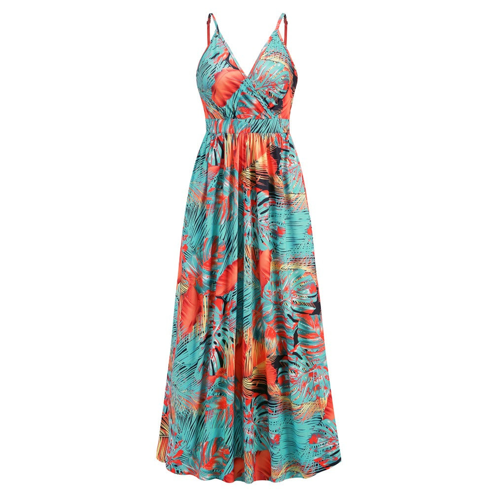 Women's New Bohemian Print Dress Long Sexy V-Neck Halter Dress