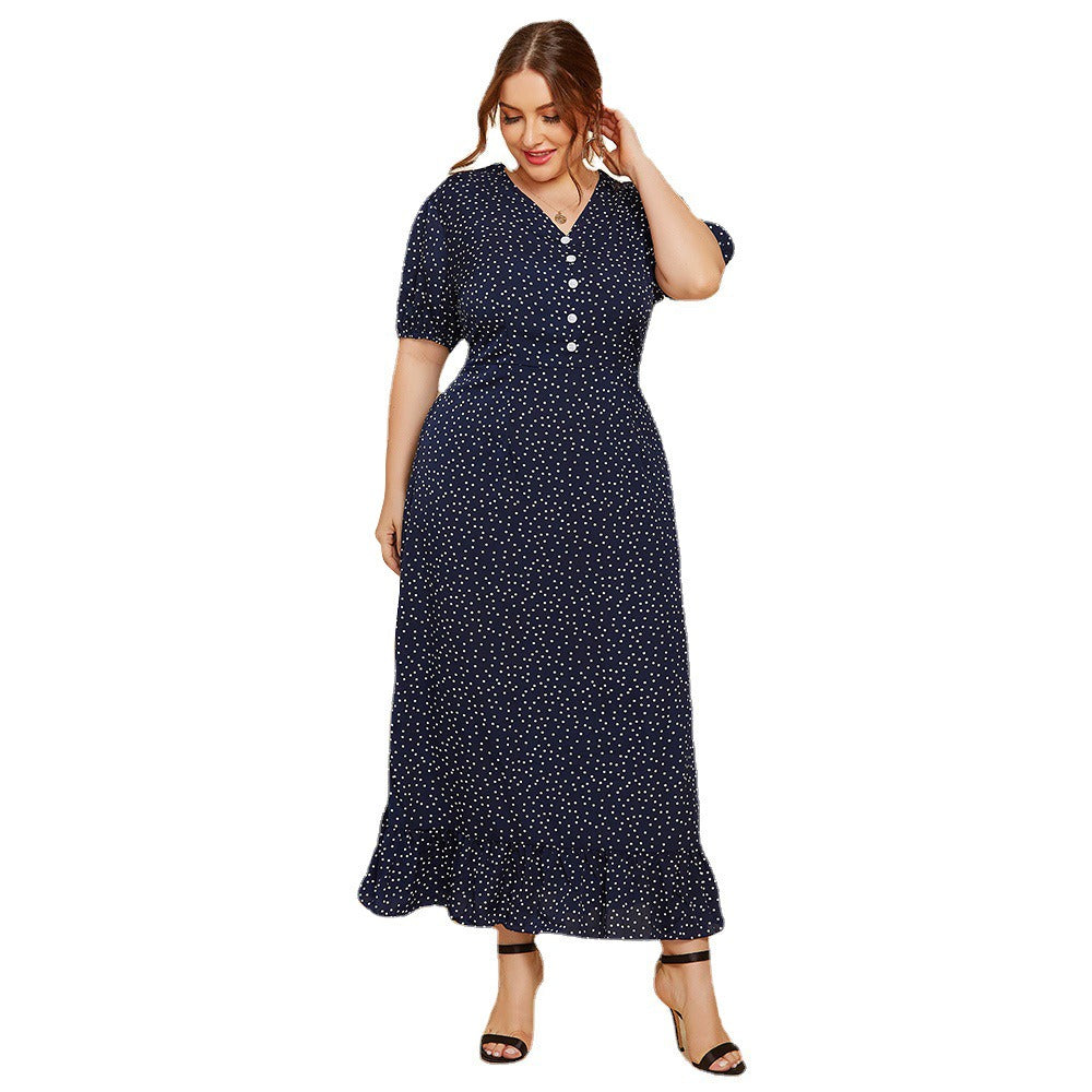 Plus Size Women Summer Polka Dot Fashion Short Sleeved Plus Fat Long Fashion Dress JR052