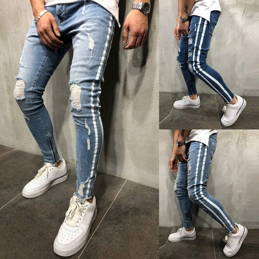 Roztrhané strany Pruhované džíny Móda Streetwear Pánské Úzké Stretch Jeans Kalhoty Tenké Ležérní Denim Jeans džíny hombre