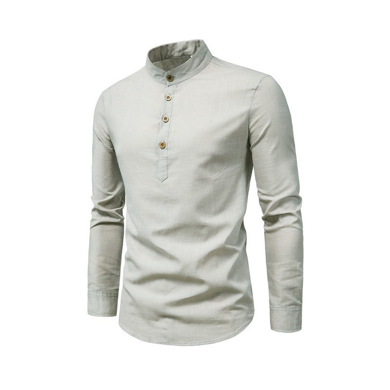 Men's Fashion Slim Solid Color Long Sleeve Business Stand Collar Cotton Linen Half Open Men's Shirt