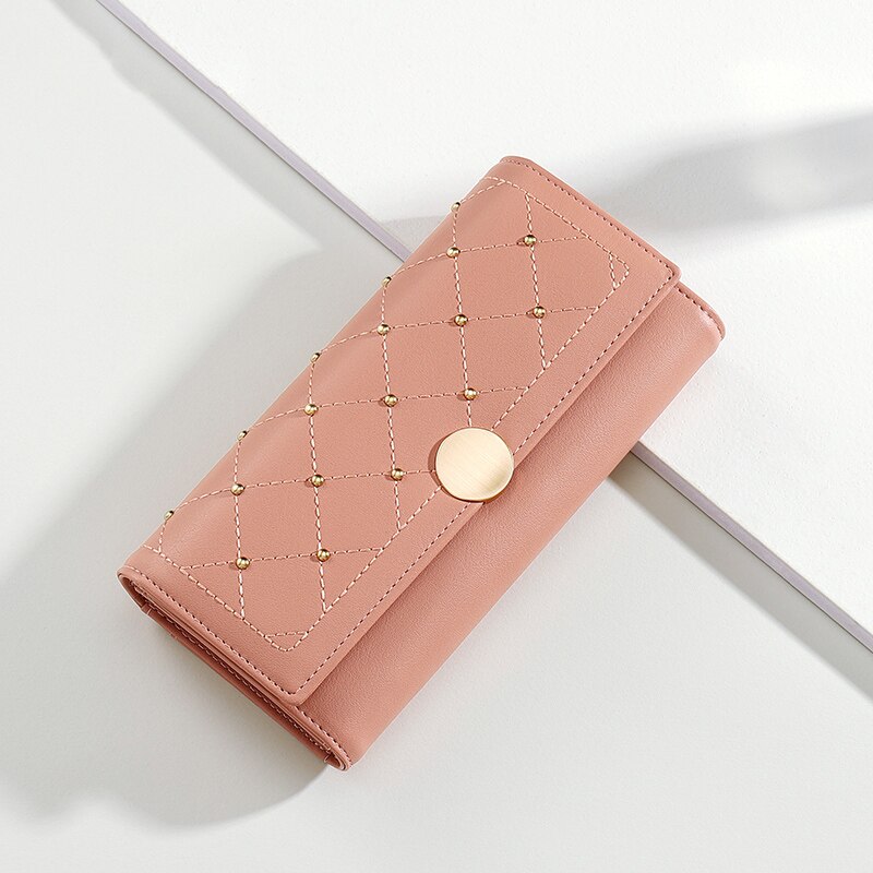 NEW Designer Rivet Button Trifold Long Wallet Women Big Capacity Female Wallets Thread Female Ladies Purse Phone Pocket Clutches