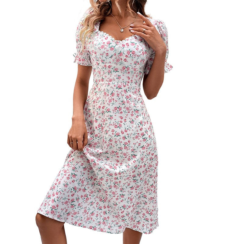 Summer New Fashion Women Slim Temperament Lotus Leaf Sleeve Floral Dress