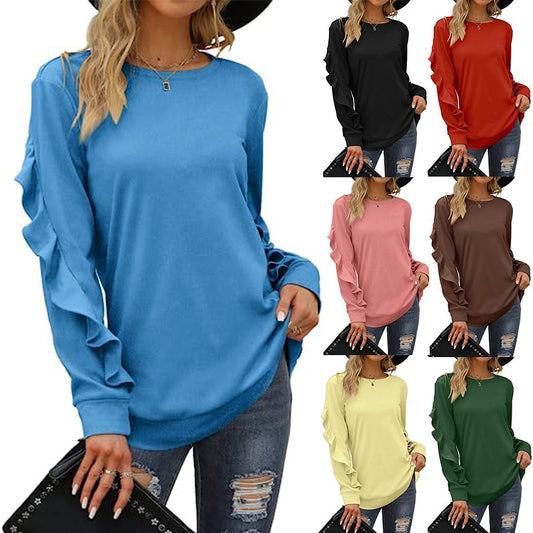 Autumn And Winter New Style Women's Casual Round Neck Sweater Pleated Long Sleeve Blouse