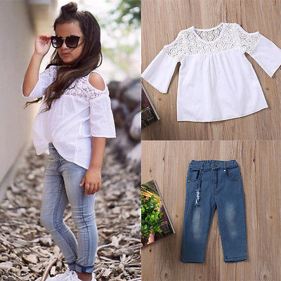 Toddler Baby Kids Girls Summer Lace Tops T-Shirt+Denim Jeans Pants Outfits Set