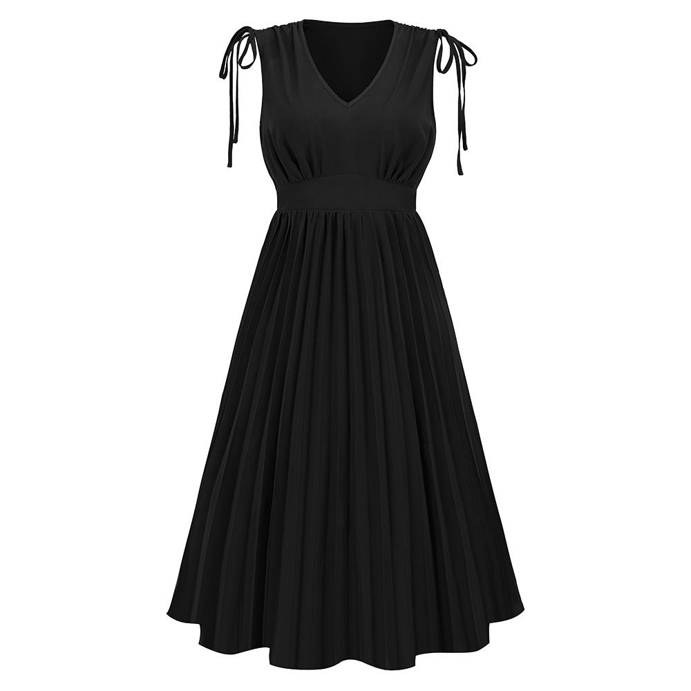 Women's New Sleeveless Slim Pleated Skirt Sexy V-Neck Dress