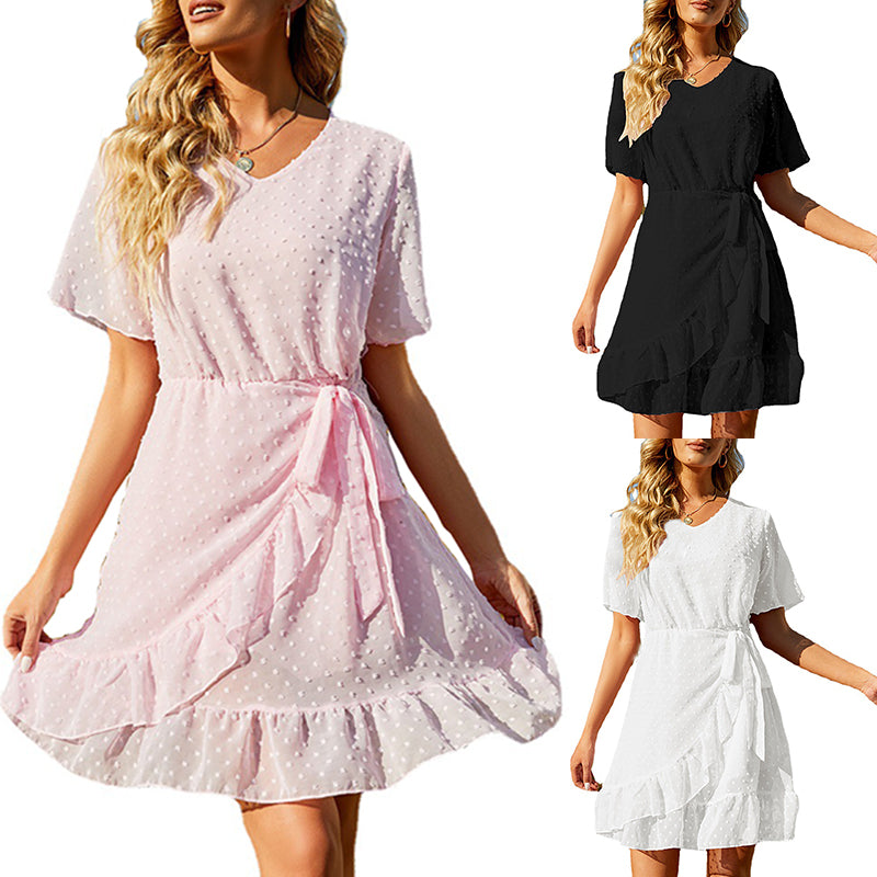 Women's New V-Neck Chiffon Jacquard Belt Ruffle Short Sleeve Knee Length Dress Polka Dot Skirt