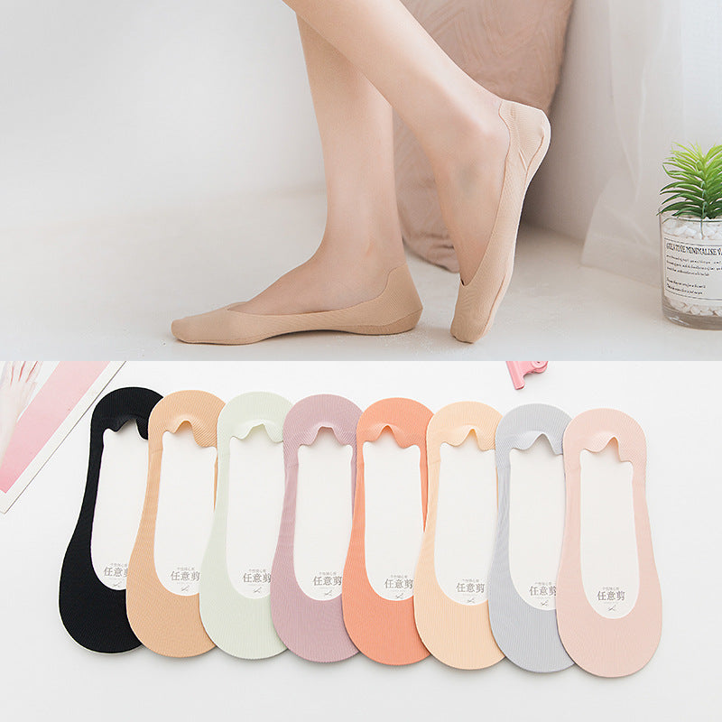 Ice Silk Cut Boat Socks Women's Thin Shallow Mouth Invisible Socks Silicone Can't Fall Off The Heels Spring And Summer Solid Color Socks