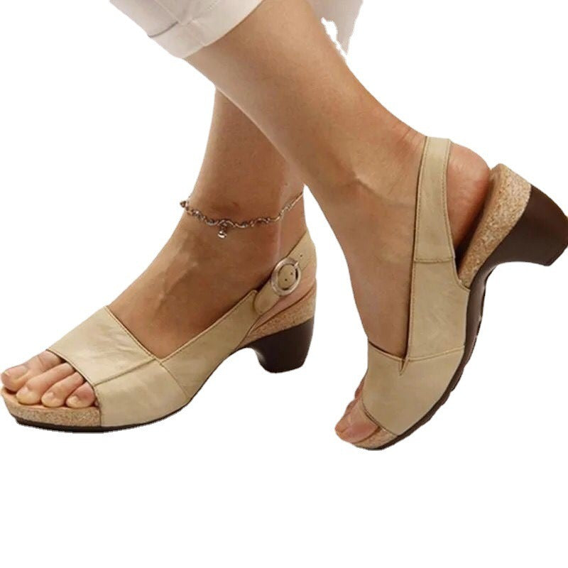 Summer New Women's Shoes Solid Color Coarse Heel Buckle Sandals 35-43 Plus Size Shoes