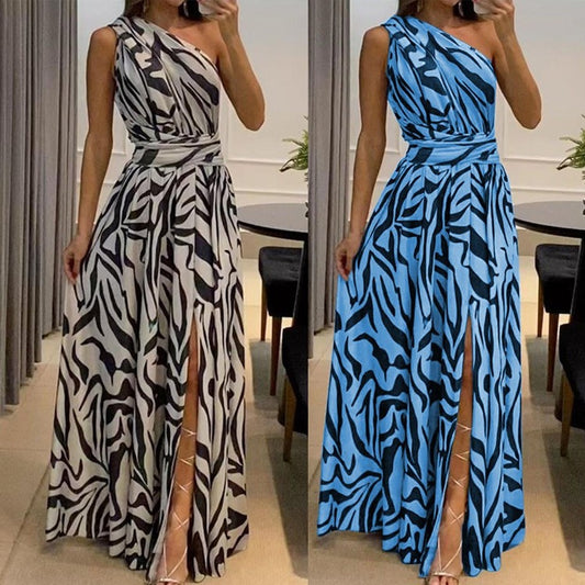 Summer New Women's Sexy Leaky Back One Shoulder Sleeveless Print Long Dress