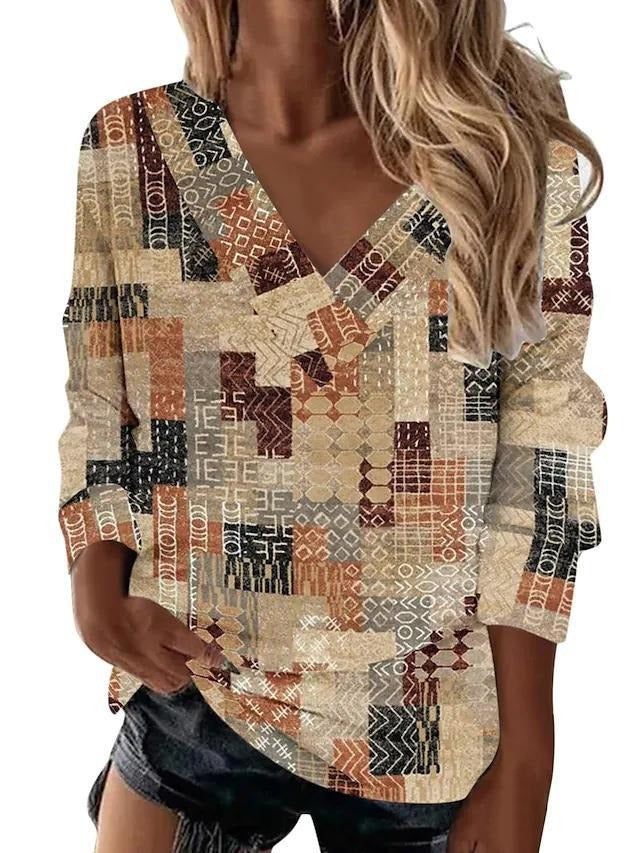 Women's Retro Geometric Printing Ethnic Style V Neck Long Sleeved Loose T Shirt Top For Women