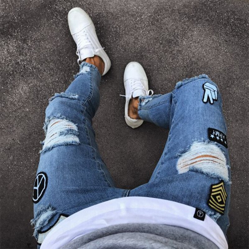 Men's Ripped jeans Badge Letters Hip-hop Skinny Jogging Denim  Fashion Pencil Long Trousers Distressed Jeans For Men Clothing