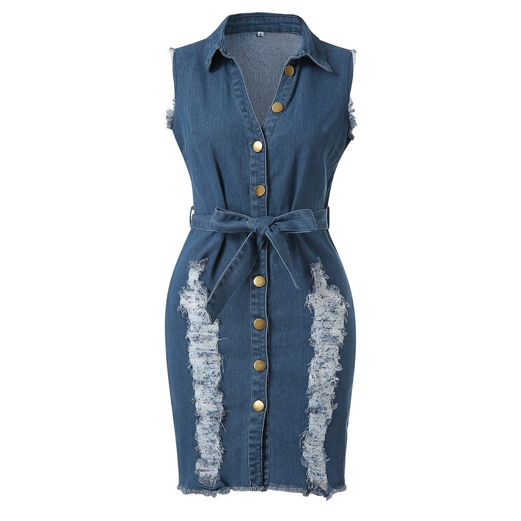 Summer Womens Button Down Denim Sexy Dress Ladies Lace Jeans Long Shirt Dress