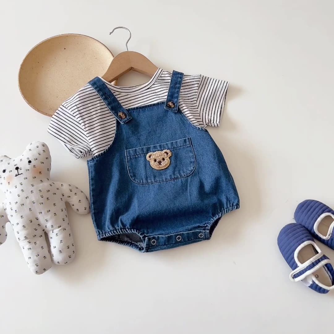 Bear denim overalls shorts children's clothing baby summer clothing baby overalls baby summer shorts