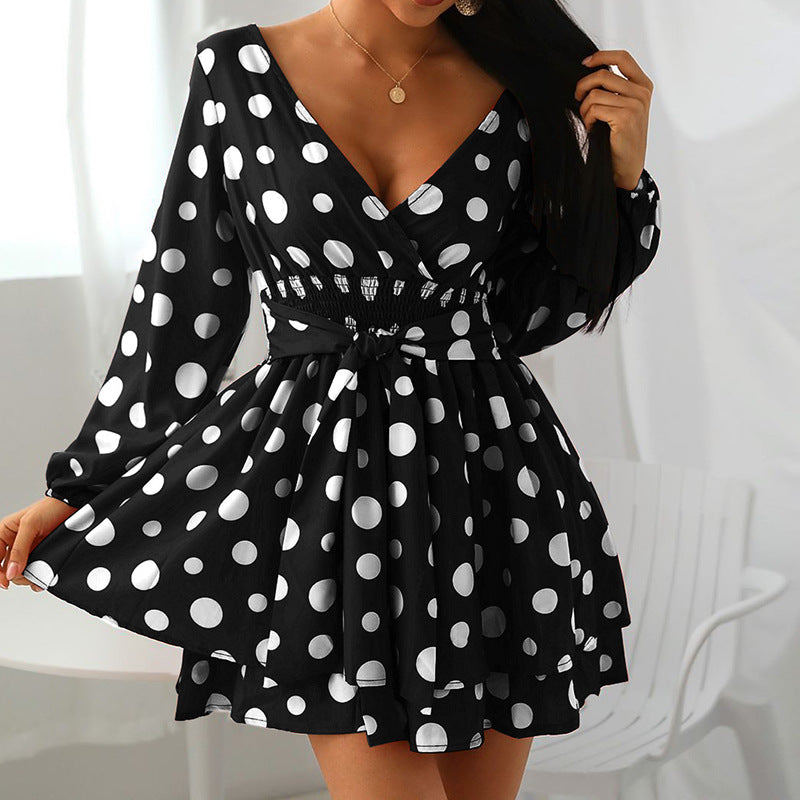 Popular New Waist V-Neck Polka Dot Polka Dot Mini Dress