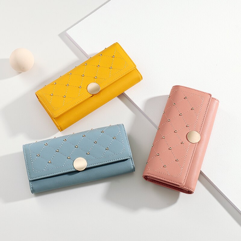 NEW Designer Rivet Button Trifold Long Wallet Women Big Capacity Female Wallets Thread Female Ladies Purse Phone Pocket Clutches