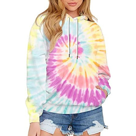 Spring, Autumn and Winter New Women's Top Tie Dyed Hooded Long Sleeve Pocket Guards