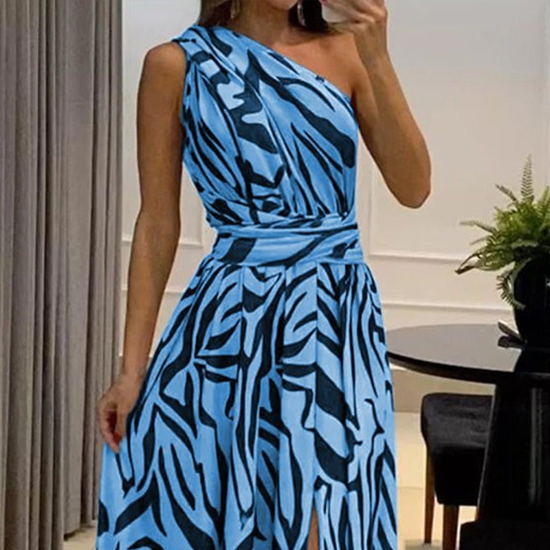 Summer New Women's Sexy Leaky Back One Shoulder Sleeveless Print Long Dress