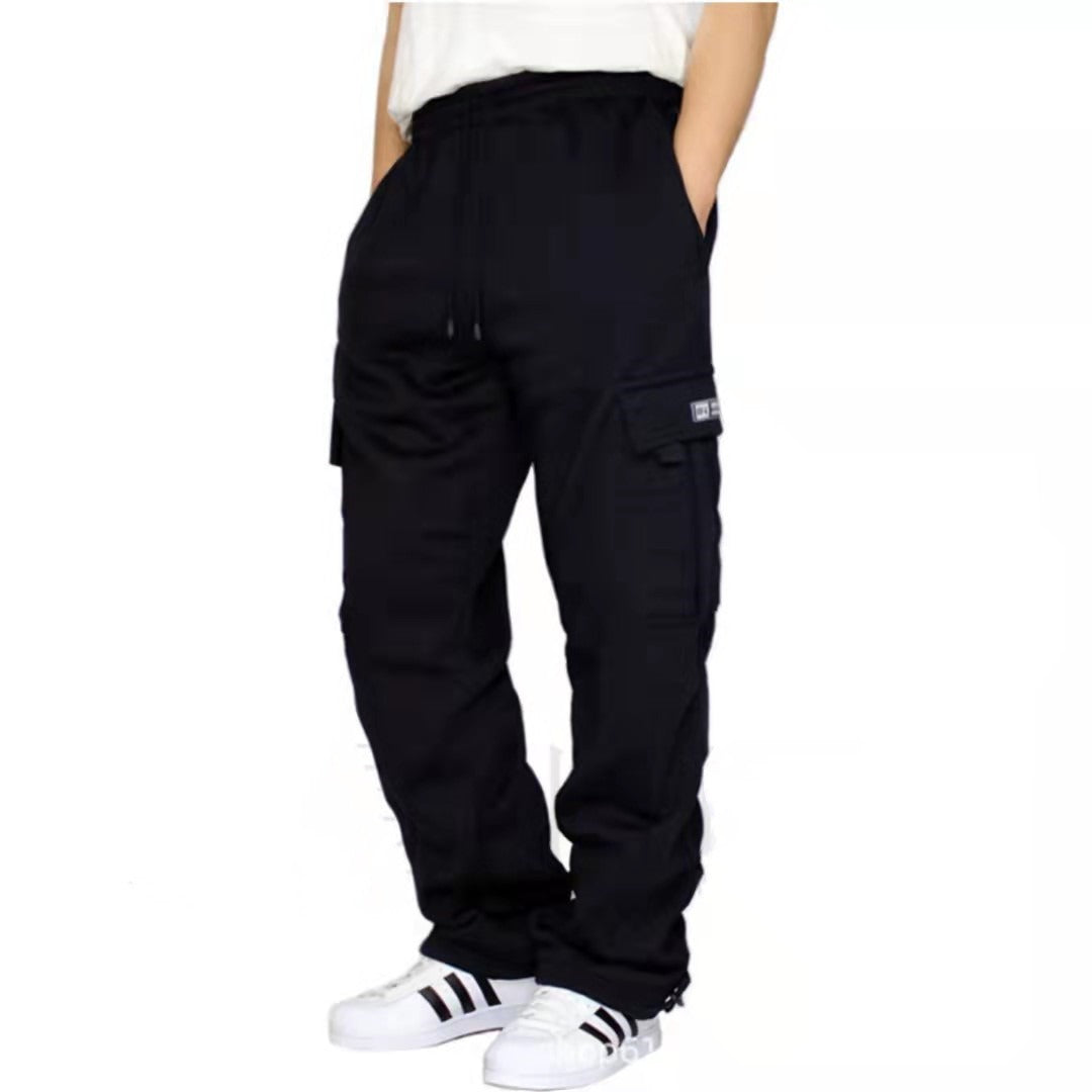 New Style Sports Casual Trousers Plush Binding Feet Multi Pocket Lanyard Men's Loose Overalls Pants