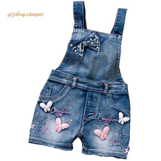 FRÜHLINGS-Sommer-US-Art-Mädchen-Overall-nette süße Mode gewaschene Jeans-Denim-Spielanzug-Overall-Träger-kurze Hosen-Cowboy-Blau