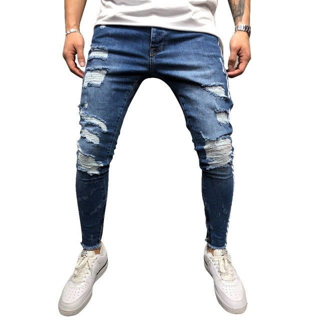 Ripped Side Striped Jeans Fashion Streetwear Herren Skinny Stretch Jeans Hose Slim Casual Denim Jeans Jeans Hombre