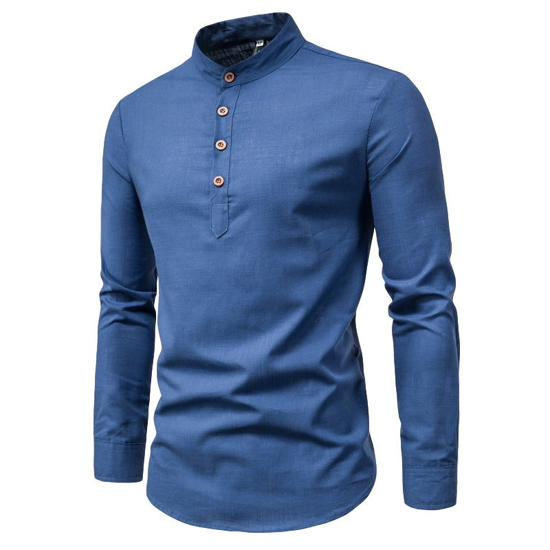 Men's Fashion Slim Solid Color Long Sleeve Business Stand Collar Cotton Linen Half Open Men's Shirt