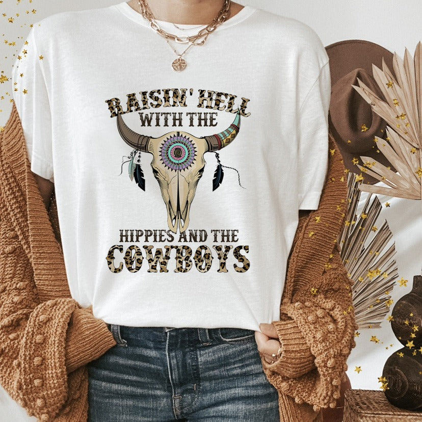 Western Shirts Boho Cow Skull Shirt with Leopard Print Short