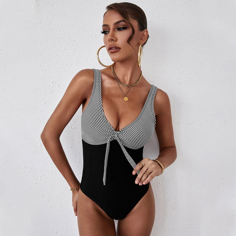 Summer new swimsuit women leopard print mesh stitching sexy V neck halterneck one piece swimsuit