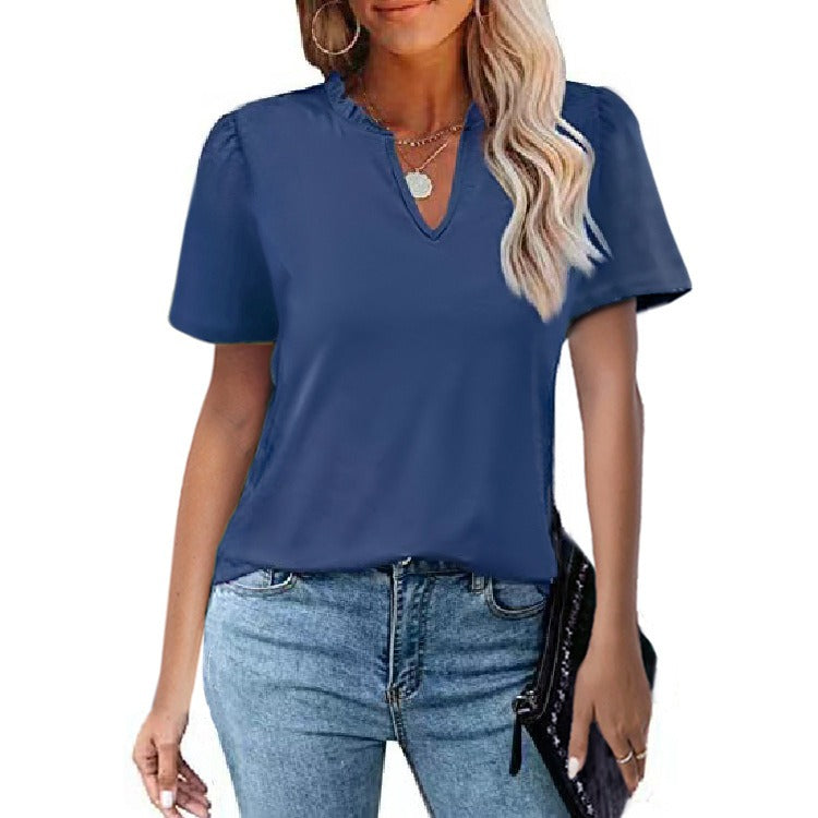 New Women's Dress Popular Wooden Ear Edge V-Neck Pleated Casual Short Sleeve T-shirt