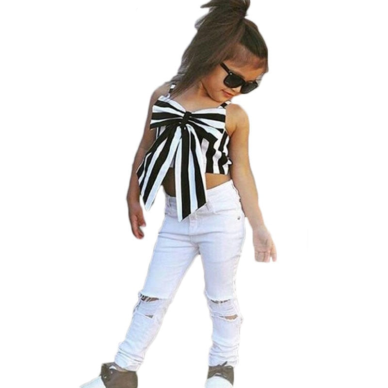 Set Tops and Pants 2 Pieces Summer Stripes Ribbon Short Sling Fashion Hole Pants European Style Children's Suits