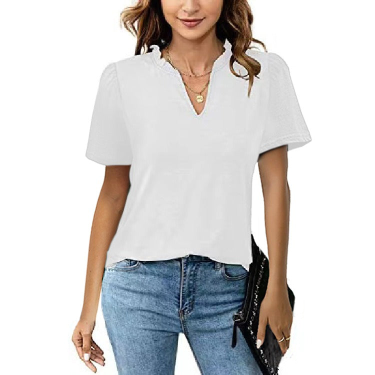 New Women's Wooden Ear Edge V-Neck Pleated Casual Short Sleeve T-Shirt