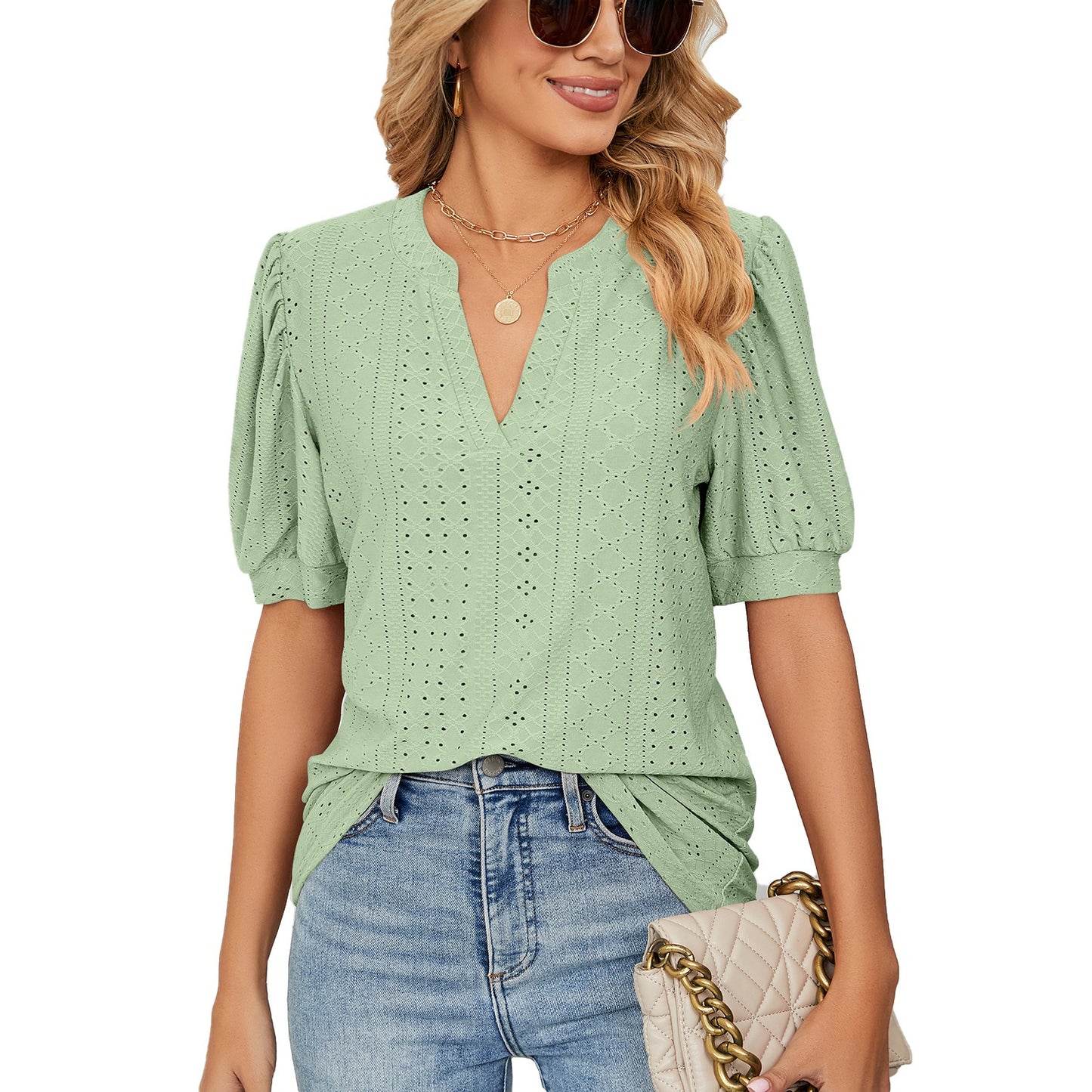 Summer Casual V Neck Solid Color Hollow Bubble Sleeve Loose T Shirt Top Female