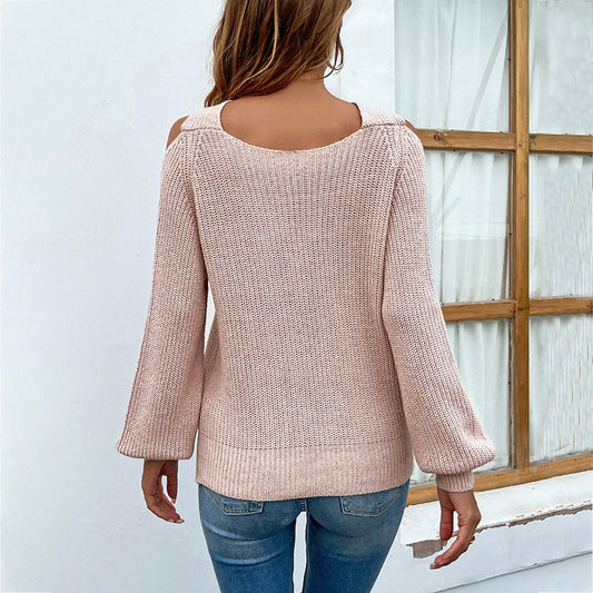 Hairy Rain Cross Neck Lantern Sleeve Knit Shirt Autumn and Winter New Type Solid Color Shoulderless Sweater