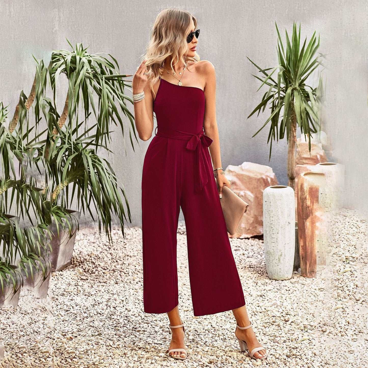 Off-shoulder strapping jumpsuit women's spring and summer temperament commuting solid color straight pants