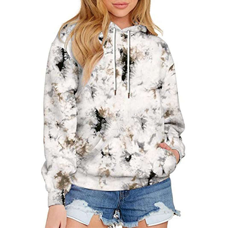 Spring, Autumn and Winter New Women's Top Tie Dyed Hooded Long Sleeve Pocket Guards