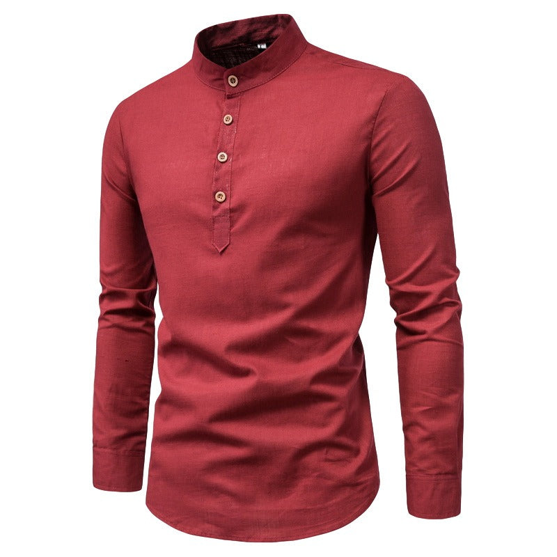 Men's Fashion Slim Solid Color Long Sleeve Business Stand Collar Cotton Linen Half Open Men's Shirt