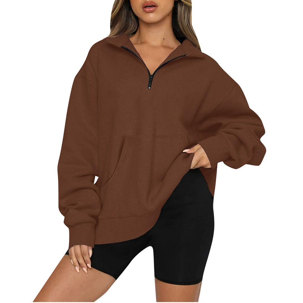 Women's New Pocket Top Half Zipper Pullover Long Sleeve Sweatshirt Sweater