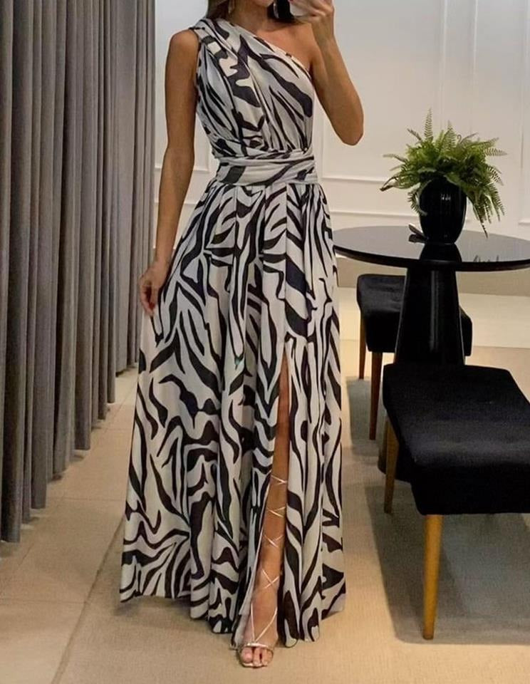 Summer New Women's Sexy Leaky Back One Shoulder Sleeveless Print Long Dress