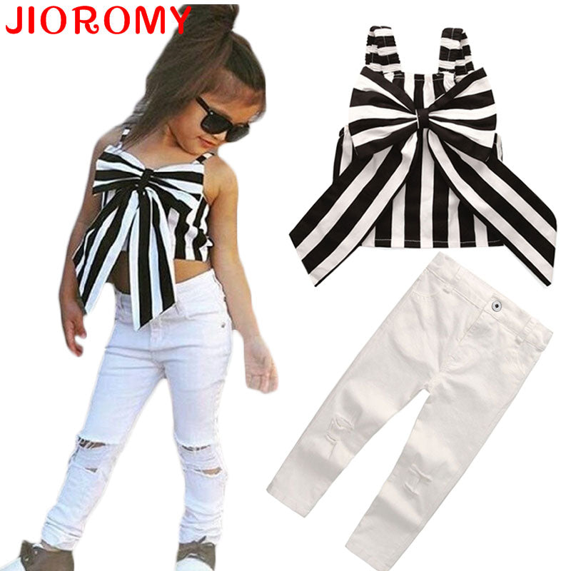 Set Tops and Pants 2 Pieces Summer Stripes Ribbon Short Sling Fashion Hole Pants European Style Children's Suits