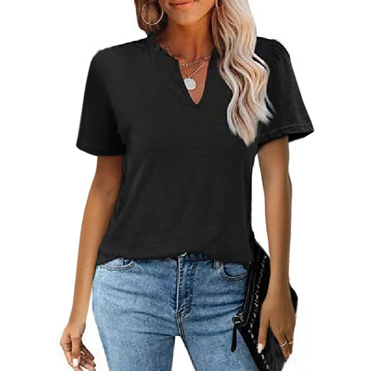 New Women's Wooden Ear Edge V-Neck Pleated Casual Short Sleeve T-Shirt