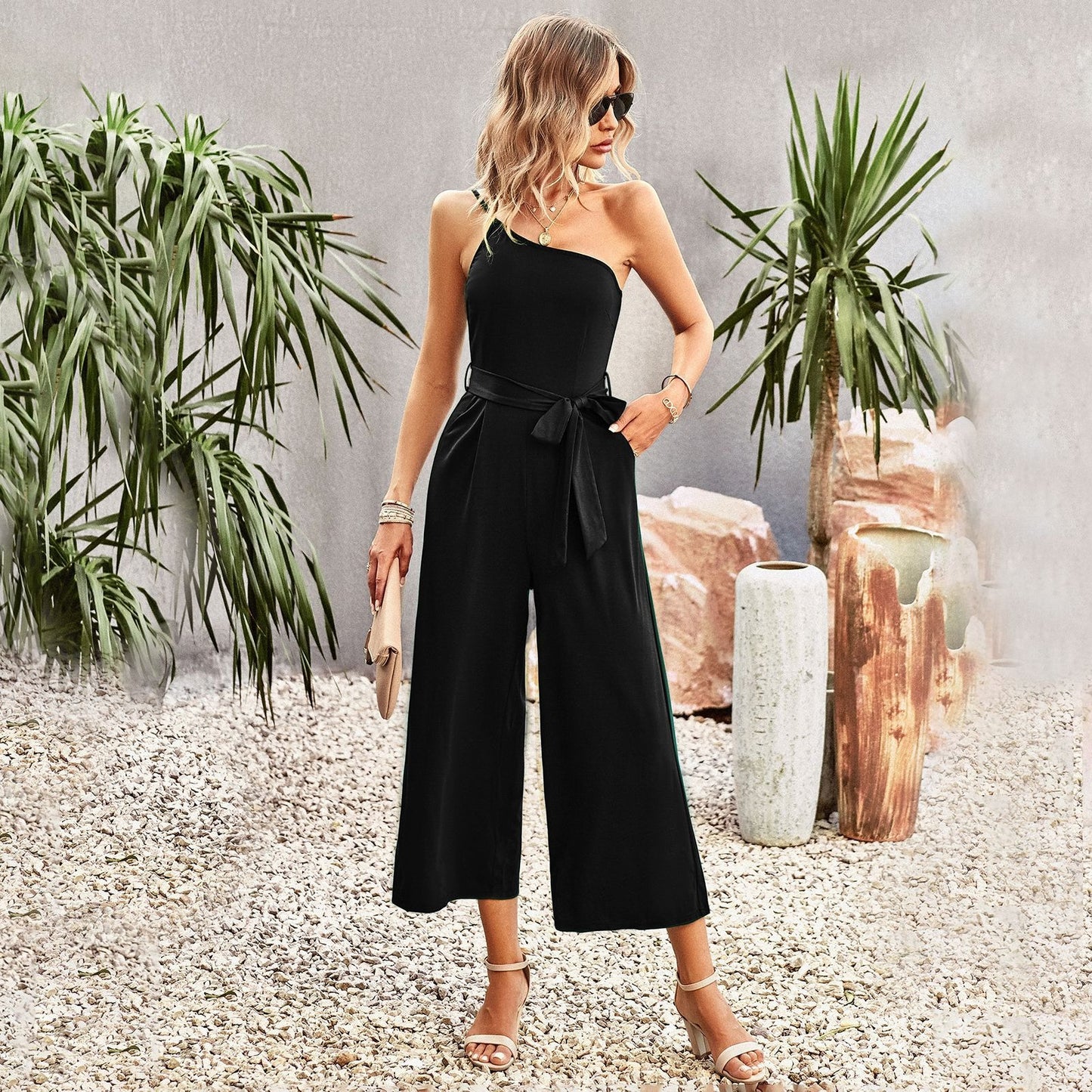 Off-shoulder strapping jumpsuit women's spring and summer temperament commuting solid color straight pants