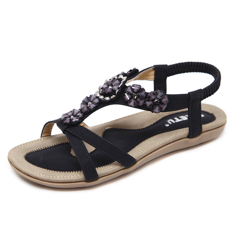 Sommer süße Sandalen Damen böhmische Blume Strass große flache Schuhe Strandschuhe 