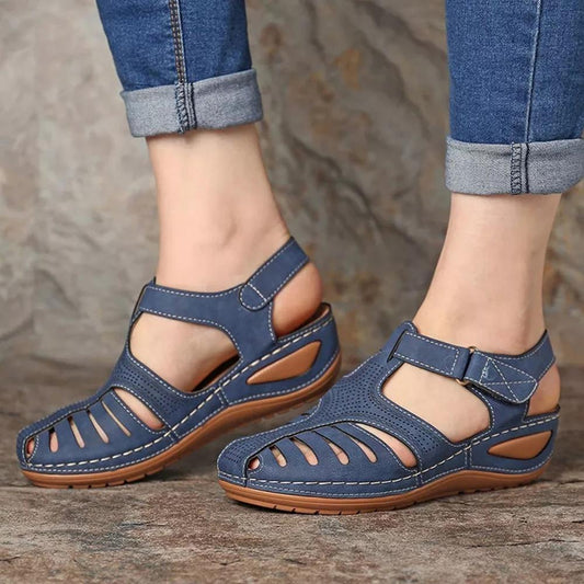 Sommerschuhe Damen Sandalen PU Schnalle Damen Retro Nähen Aushöhlen Frau Flache Schuhe 