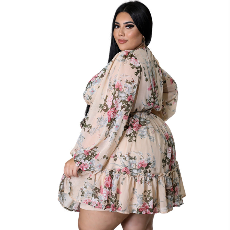 Plus Size Women Flower Print ChiffonV Neck Out Long Sleeve Dress