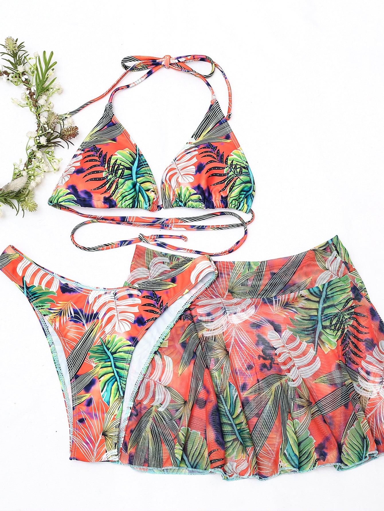 Big Flower Leaf Three Piece Swimsuit Bikini