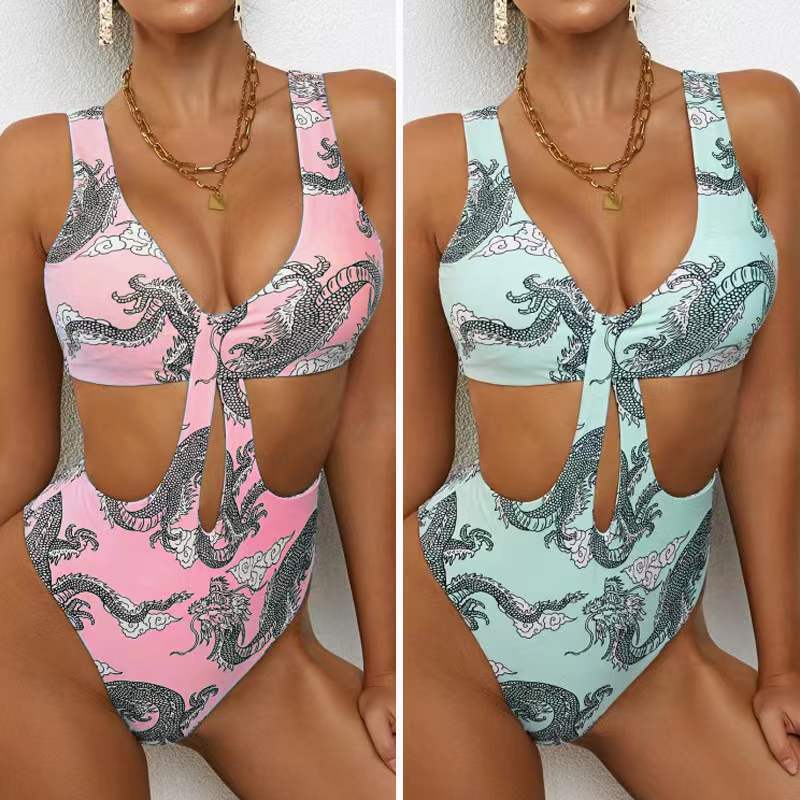 Women's Printed One Piece Triangle Swimsuit Set